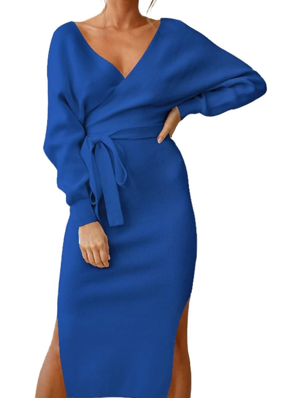 V-Neck Wrap Knit Midi Dress in Royal Blue